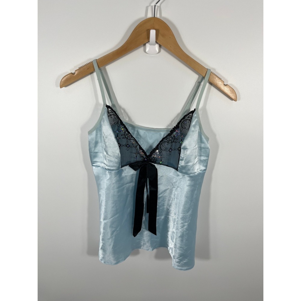 Y2K Babydoll Top Womens M Blue Lace Sheer Bow Sequins Fairy Going Out Festival